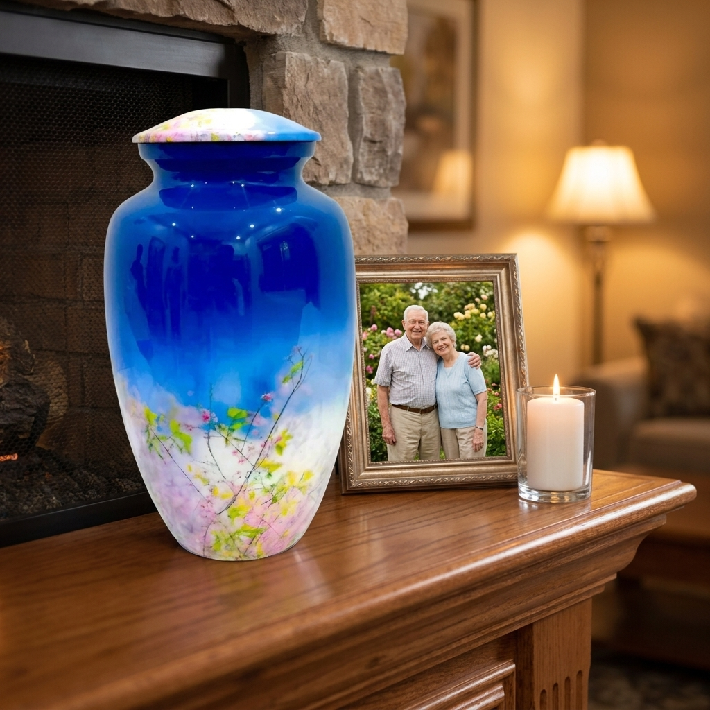 Adult Cremation Urn Blue Floral Blossom Design Gloss Aluminum Finish (Product Code NUFLB)
