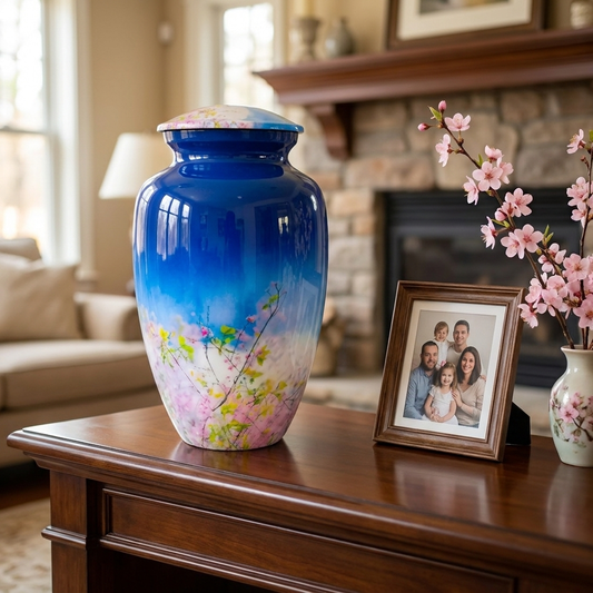 Adult Cremation Urn Blue Floral Blossom Design Gloss Aluminum Finish (Product Code NUFLB)
