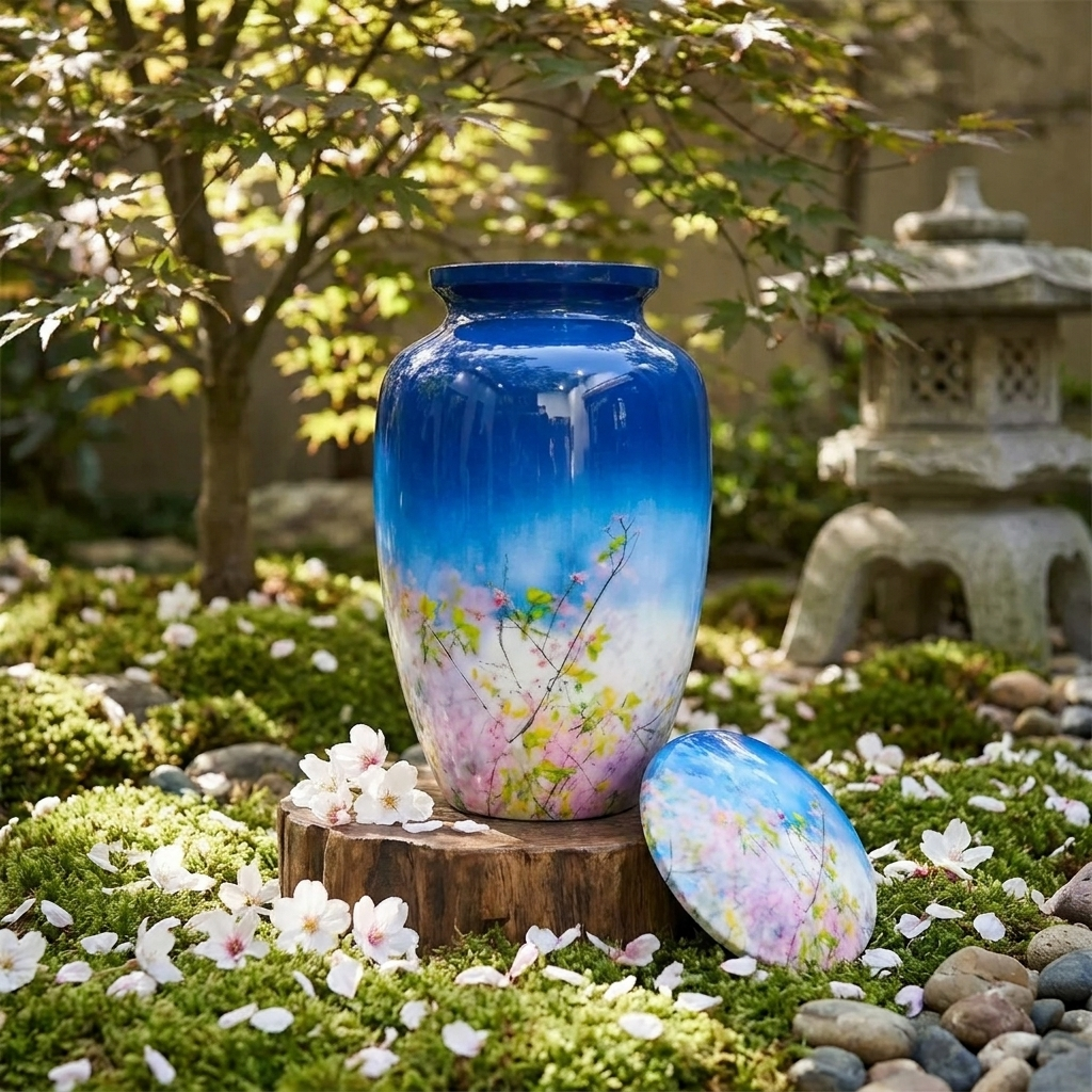 Adult Cremation Urn Blue Floral Blossom Design Gloss Aluminum Finish (Product Code NUFLB)