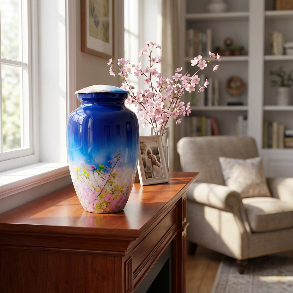 Adult Cremation Urn Blue Floral Blossom Design Gloss Aluminum Finish (Product Code NUFLB)