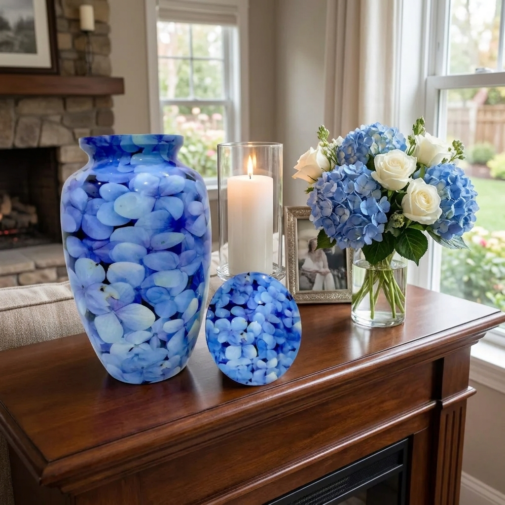 Adult Cremation Urn Blue Hydrangea Petal Design in Gloss Finish (Product Code: NUPT)