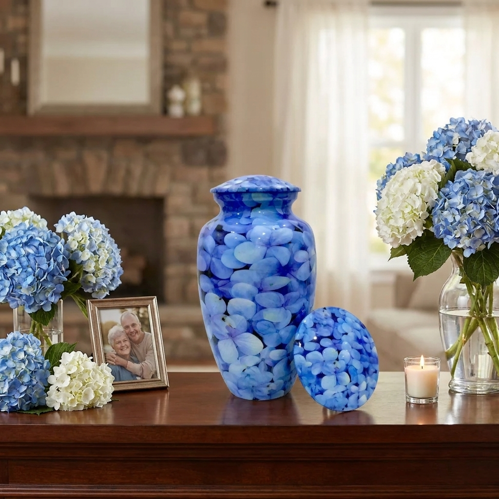 Adult Cremation Urn Blue Hydrangea Petal Design in Gloss Finish (Product Code: NUPT)