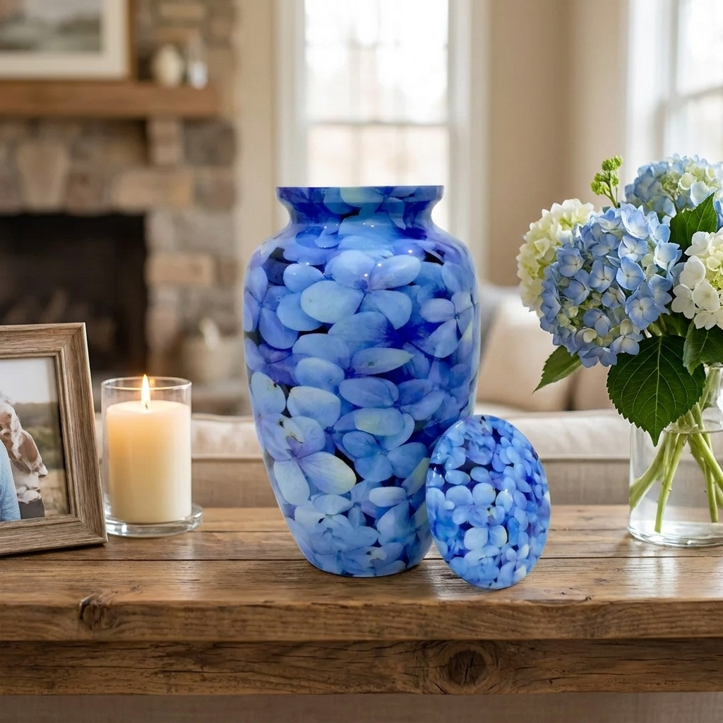 Adult Cremation Urn Blue Hydrangea Petal Design in Gloss Finish (Product Code: NUPT)