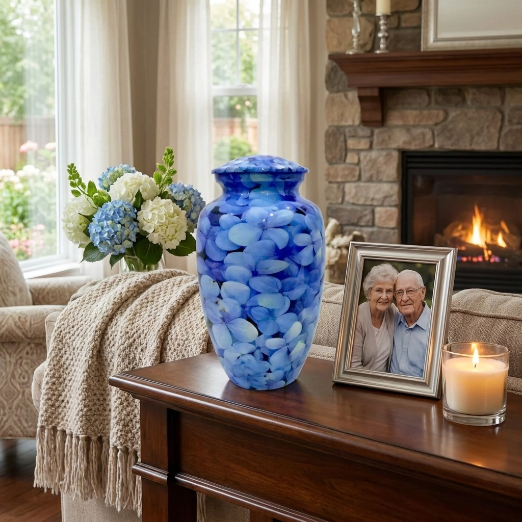 Adult Cremation Urn Blue Hydrangea Petal Design in Gloss Finish (Product Code: NUPT)
