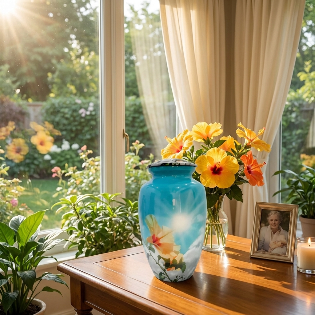 Adult Cremation Urn Blue Sky & Yellow Floral Design with Velvet Bag (Product Code NUBSCYF)