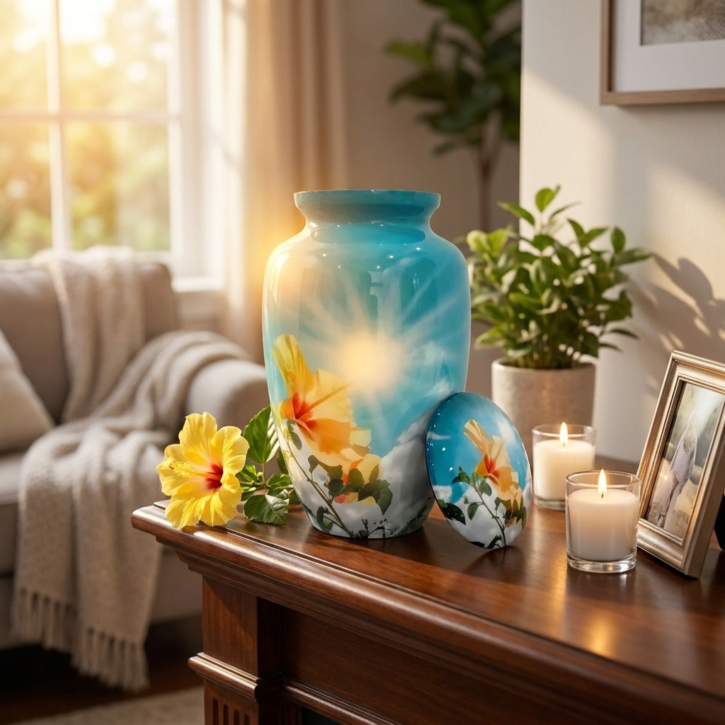 Adult Cremation Urn Blue Sky & Yellow Floral Design with Velvet Bag (Product Code NUBSCYF)