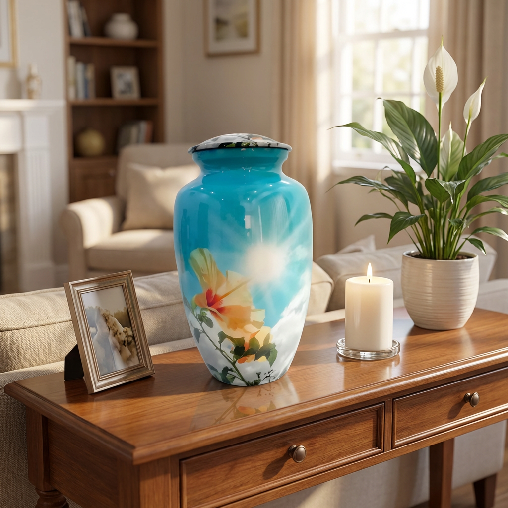 Adult Cremation Urn Blue Sky & Yellow Floral Design with Velvet Bag (Product Code NUBSCYF)