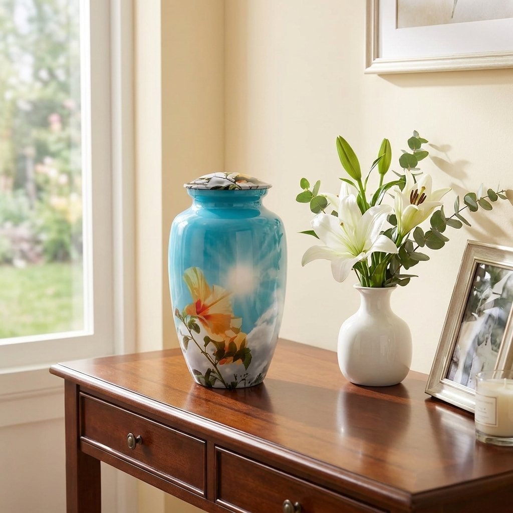 Adult Cremation Urn Blue Sky & Yellow Floral Design with Velvet Bag (Product Code NUBSCYF)