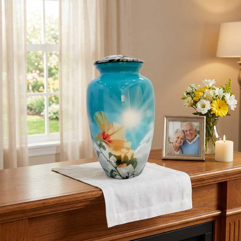 Adult Cremation Urn Blue Sky & Yellow Floral Design with Velvet Bag (Product Code NUBSCYF)