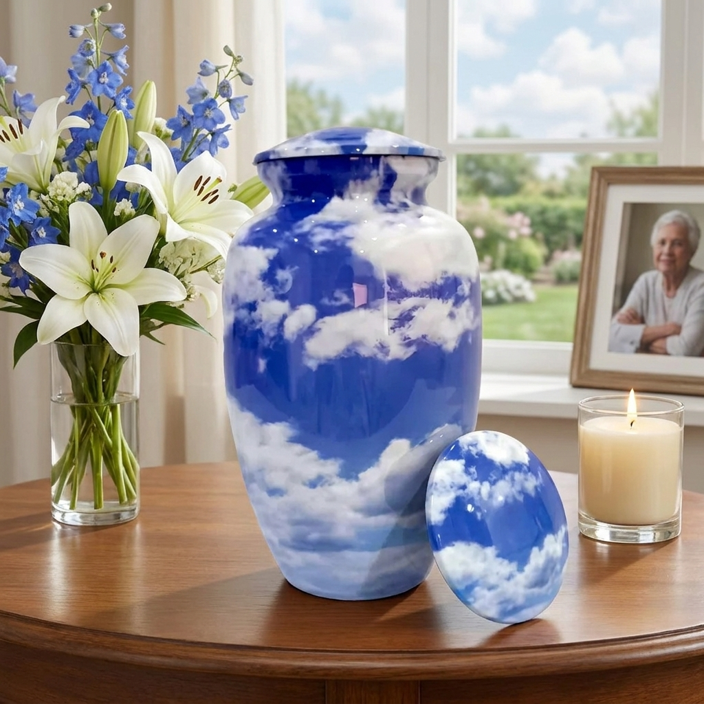 Adult Cremation Urn Blue Sky and Clouds Design with Velvet Bag (Product Code NUBSC)