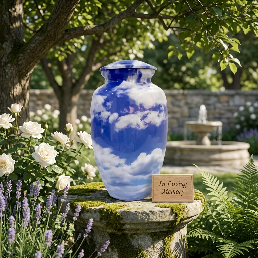Adult Cremation Urn Blue Sky and Clouds Design with Velvet Bag (Product Code NUBSC)