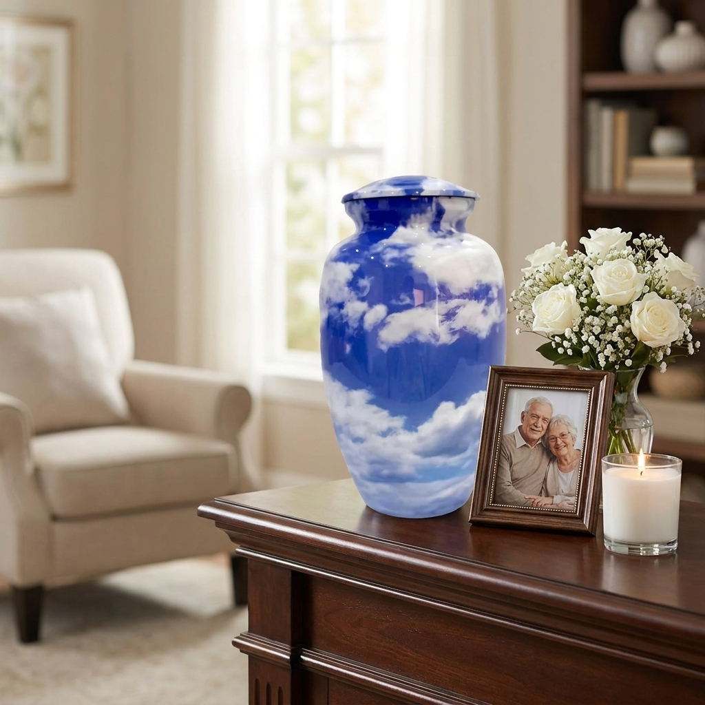 Adult Cremation Urn Blue Sky and Clouds Design with Velvet Bag (Product Code NUBSC)