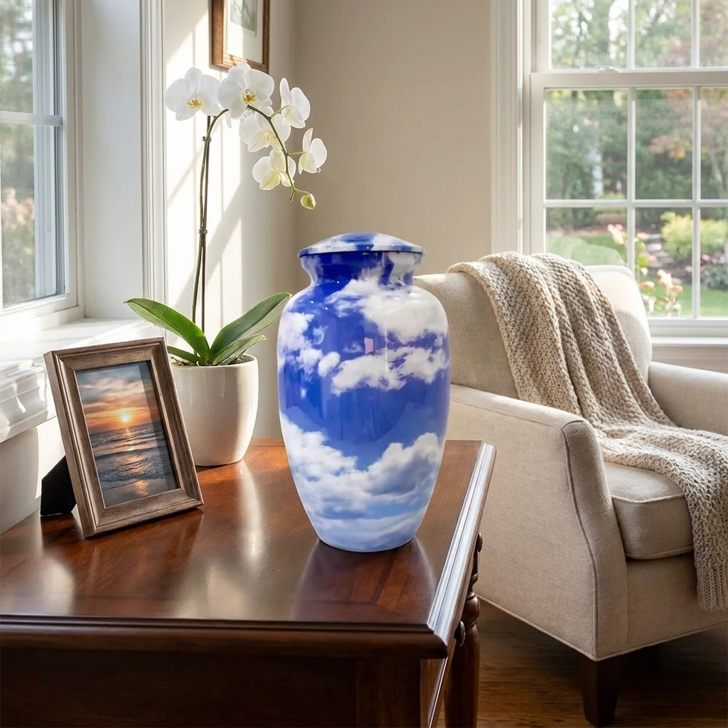 Adult Cremation Urn Blue Sky and Clouds Design with Velvet Bag (Product Code NUBSC)