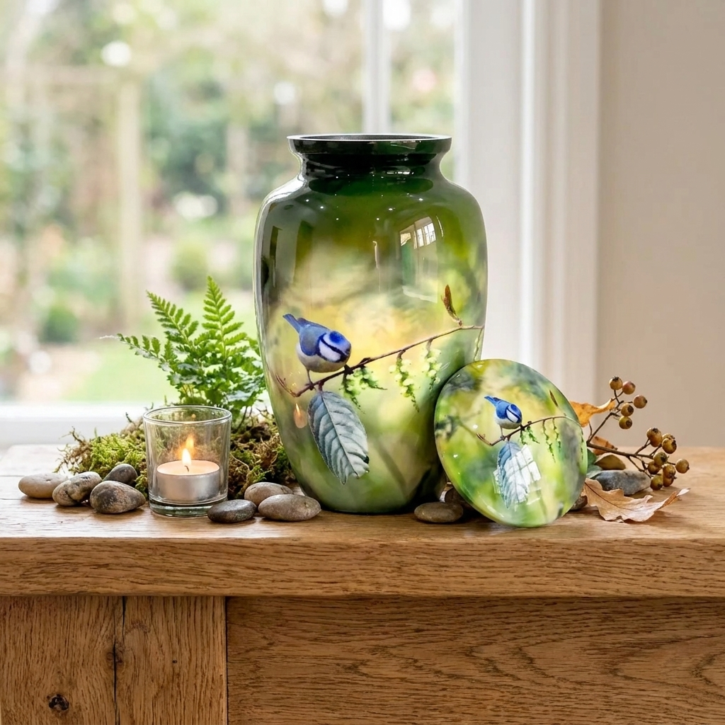 Adult Cremation Urn Bluebird on Branch Design in Gloss Green Finish (Product Code: NUPBTH)