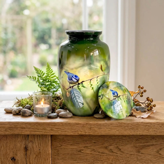 Adult Cremation Urn Bluebird on Branch Design in Gloss Green Finish (Product Code: NUPBTH)