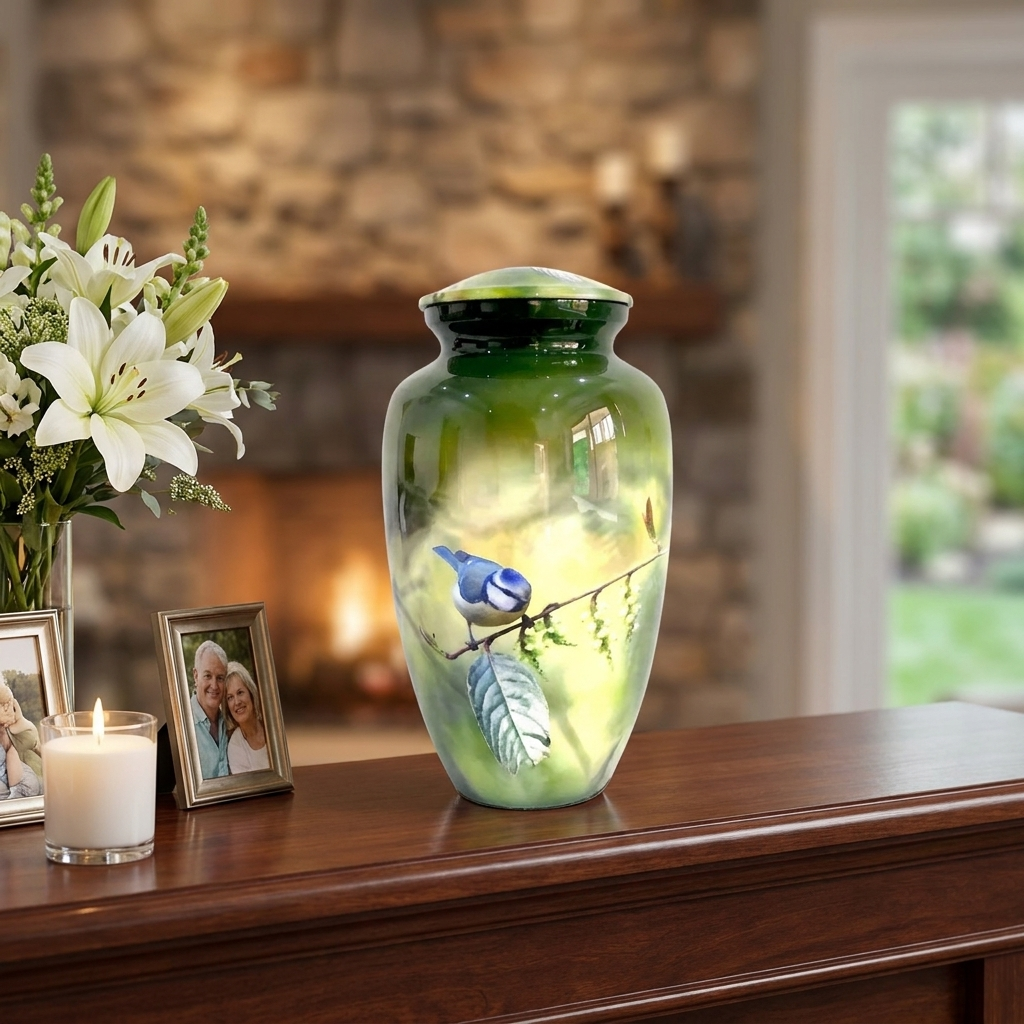 Adult Cremation Urn Bluebird on Branch Design in Gloss Green Finish (Product Code: NUPBTH)