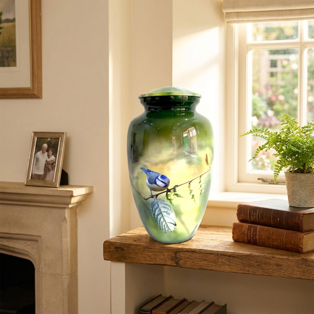 Adult Cremation Urn Bluebird on Branch Design in Gloss Green Finish (Product Code: NUPBTH)