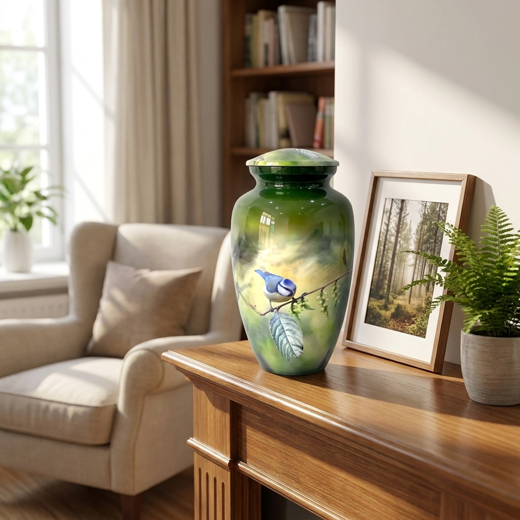 Adult Cremation Urn Bluebird on Branch Design in Gloss Green Finish (Product Code: NUPBTH)
