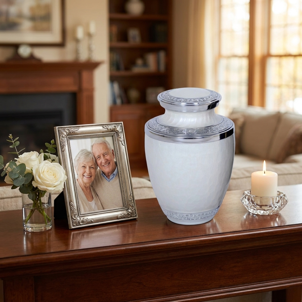 Adult Cremation Urn Aluminum Elegant White Finish Engraved Band Design (Product Code NUENPE-A)