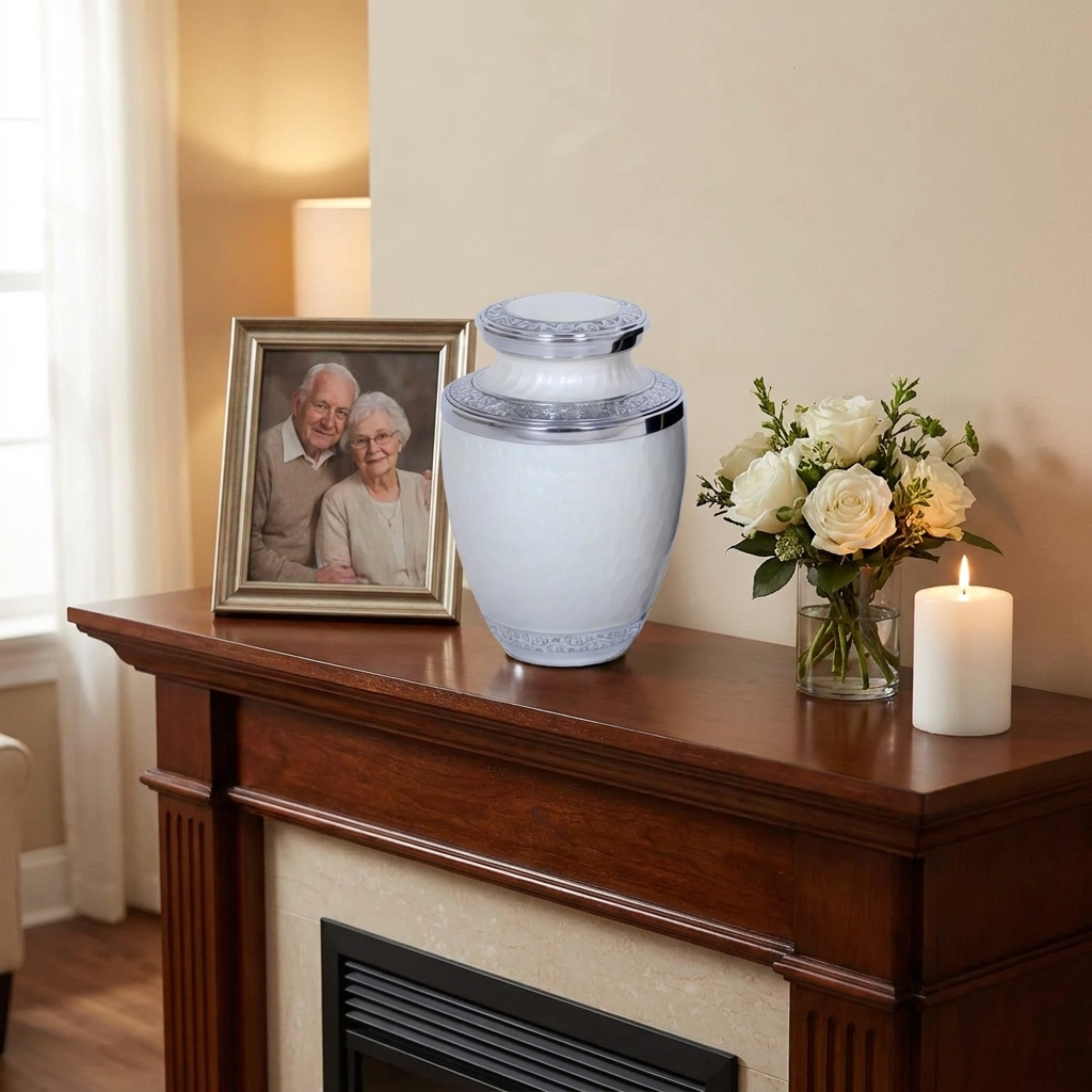 Adult Cremation Urn Aluminum Elegant White Finish Engraved Band Design (Product Code NUENPE-A)