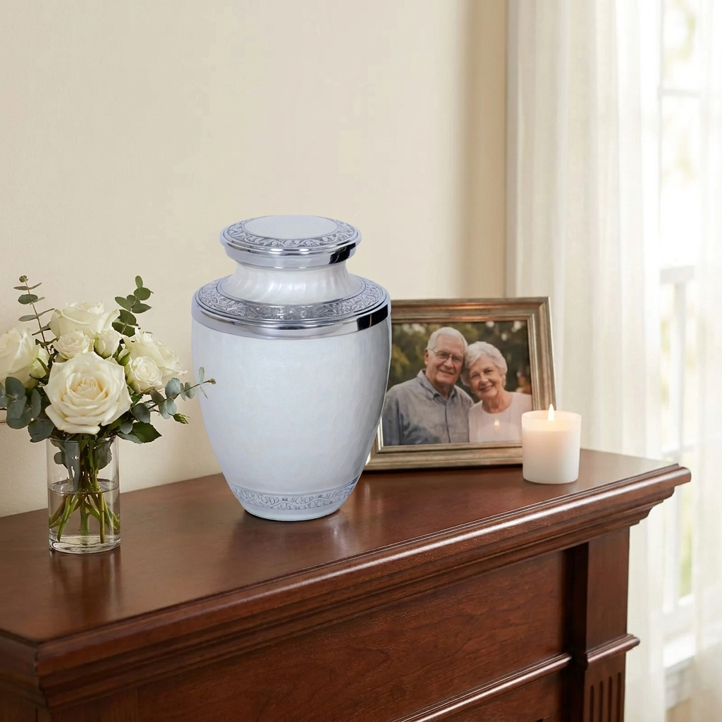 Adult Cremation Urn Aluminum Elegant White Finish Engraved Band Design (Product Code NUENPE-A)