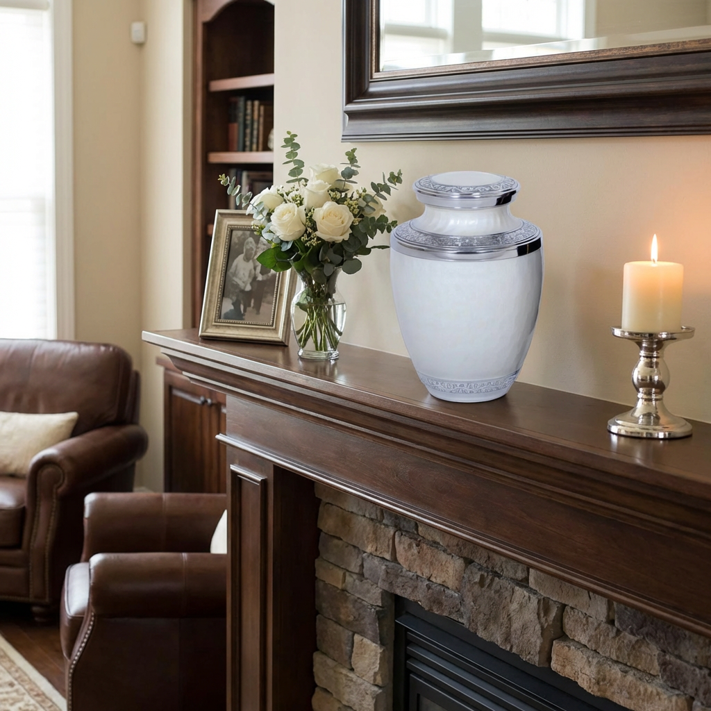 Adult Cremation Urn Aluminum Elegant White Finish Engraved Band Design (Product Code NUENPE-A)
