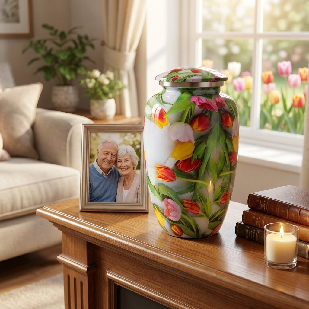Adult Cremation Urn Colorful Tulips Design with Velvet Bag (Product Code: NUPEI-A)