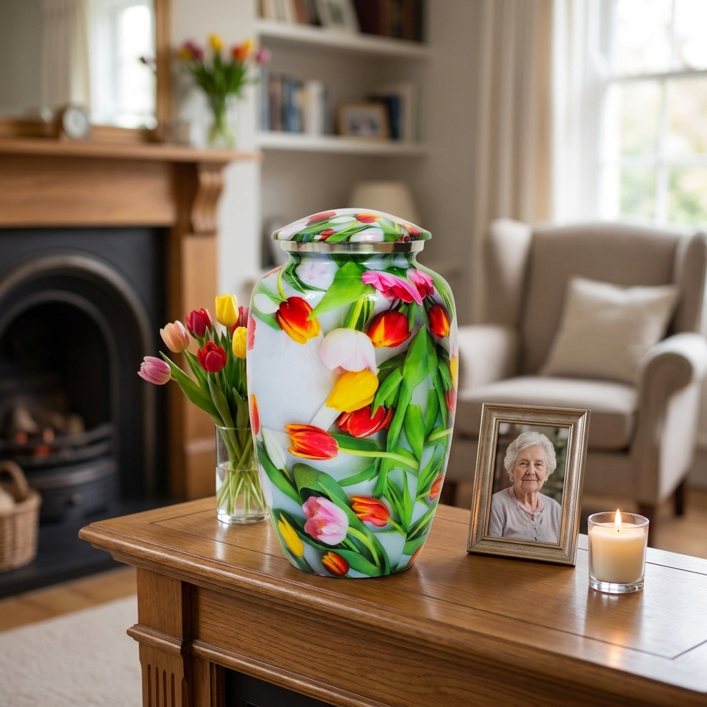 Adult Cremation Urn Colorful Tulips Design with Velvet Bag (Product Code: NUPEI-A)