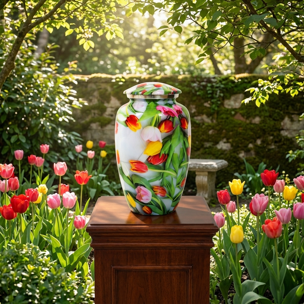 Adult Cremation Urn Colorful Tulips Design with Velvet Bag (Product Code: NUPEI-A)