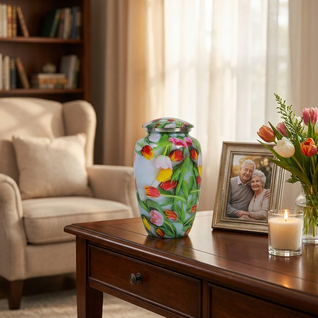 Adult Cremation Urn Colorful Tulips Design with Velvet Bag (Product Code: NUPEI-A)