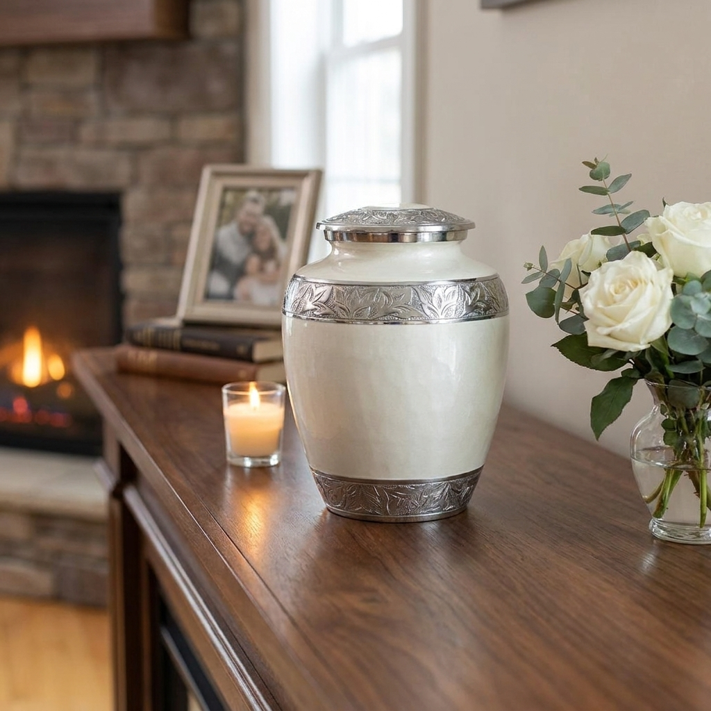Adult Cremation Urn Elegant White Finish & Engraved Leaf Band Design (Product Code NUEWET-A)