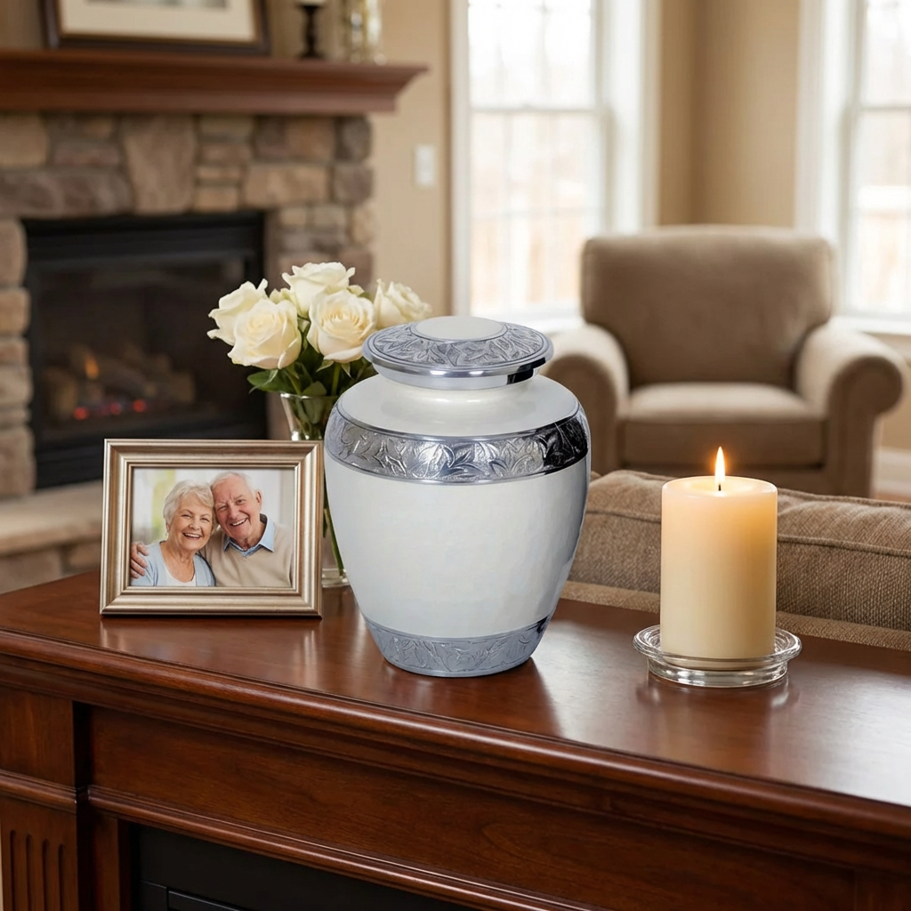 Adult Cremation Urn Elegant White Finish & Engraved Leaf Band Design (Product Code NUEWET-A)