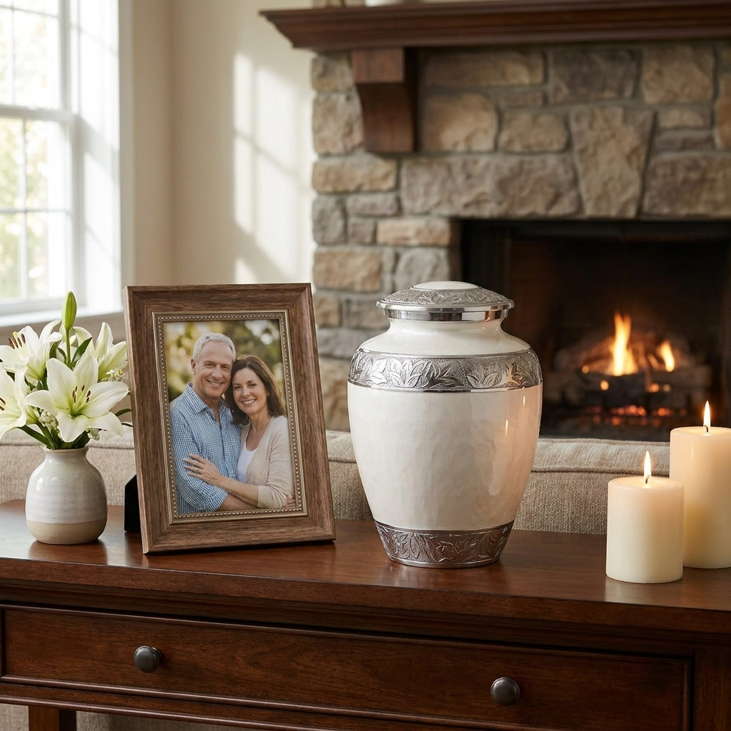 Adult Cremation Urn Elegant White Finish & Engraved Leaf Band Design (Product Code NUEWET-A)