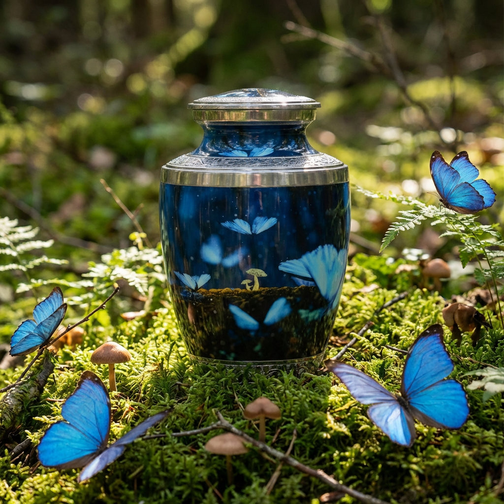 Adult Cremation Urn Fantasy Butterflies And Mushrooms Design with Velvet Bag (Product Code NUBU-A)