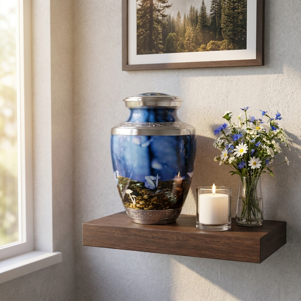 Adult Cremation Urn Fantasy Butterflies And Mushrooms Design with Velvet Bag (Product Code NUBU-A)
