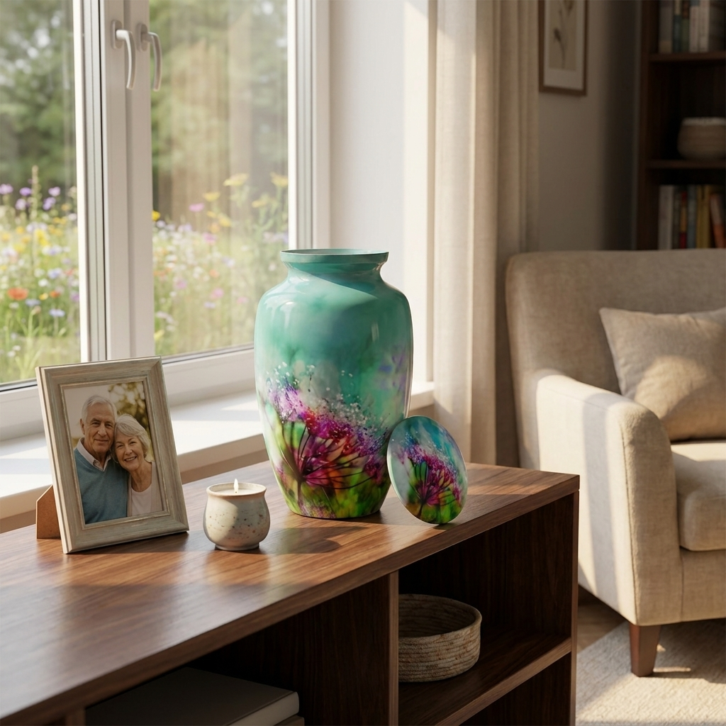 Adult Cremation Urn Floral Wildflower Design Gloss Teal Aluminum Finish (Product Code NUFWD)