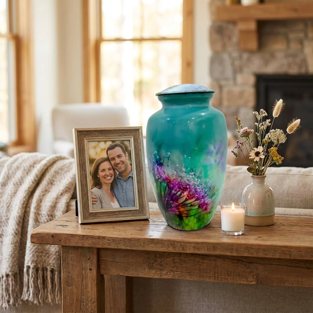 Adult Cremation Urn Floral Wildflower Design Gloss Teal Aluminum Finish (Product Code NUFWD)