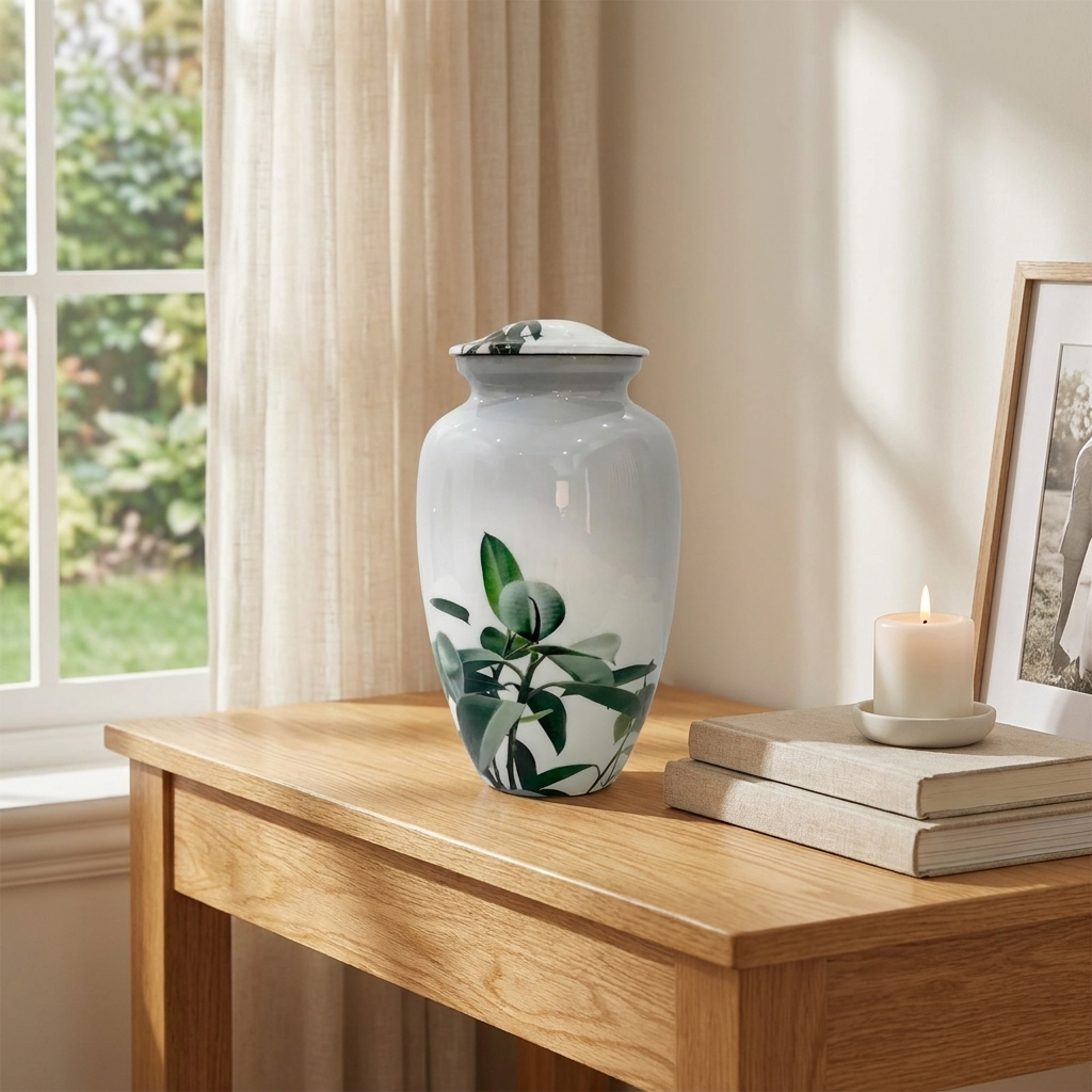 Adult Cremation Urn Green Leaf Peace Design in Gloss Finish (Product Code: NUGLP)