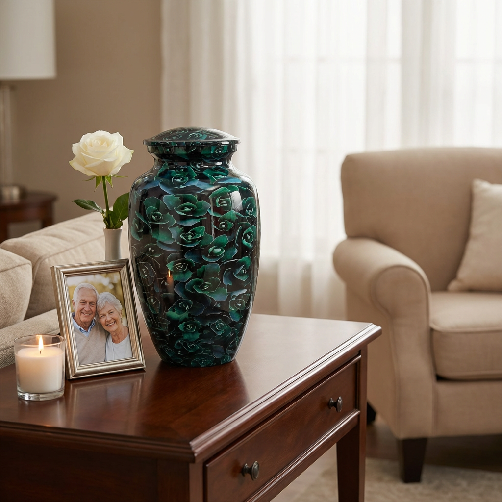 Adult Cremation Urn Green Rose Floral Design Gloss Aluminum Finish (Product Code NUGF)
