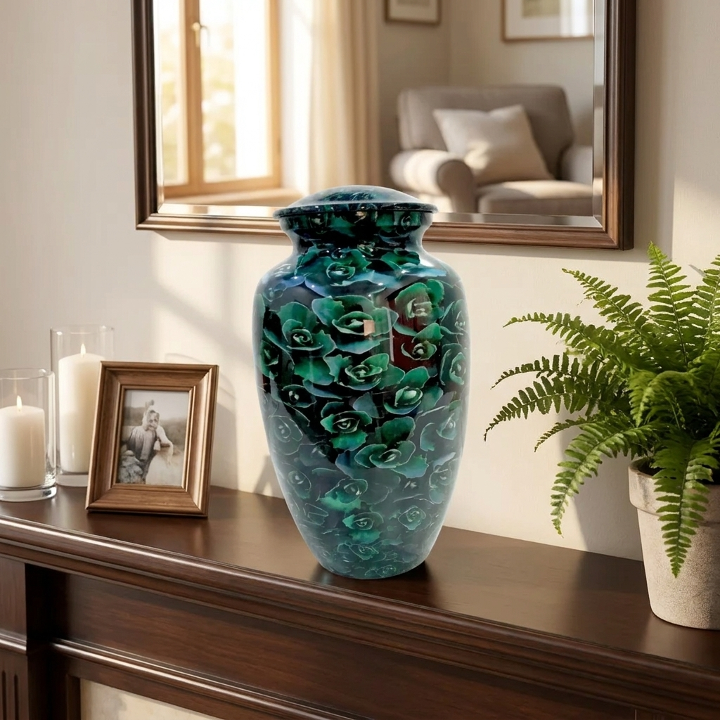 Adult Cremation Urn Green Rose Floral Design Gloss Aluminum Finish (Product Code NUGF)