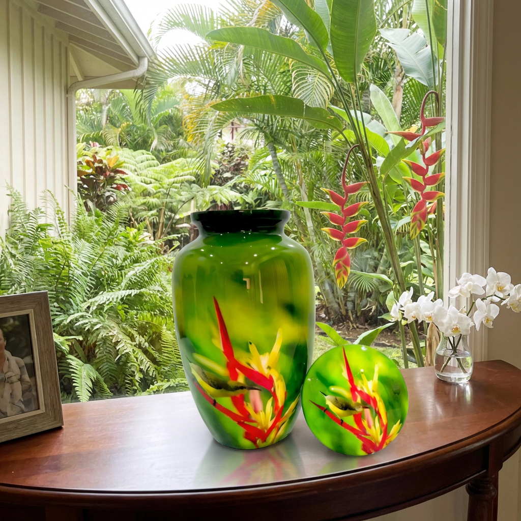 Adult Cremation Urn Hummingbird & Red Floral Design Gloss Green Aluminum Finish (Product Code NUHBRP)