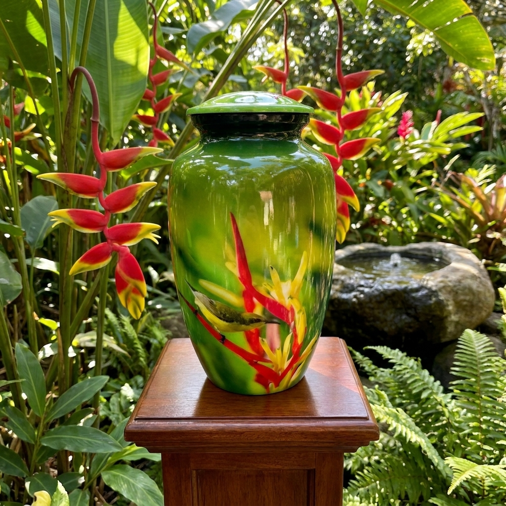 Adult Cremation Urn Hummingbird & Red Floral Design Gloss Green Aluminum Finish (Product Code NUHBRP)