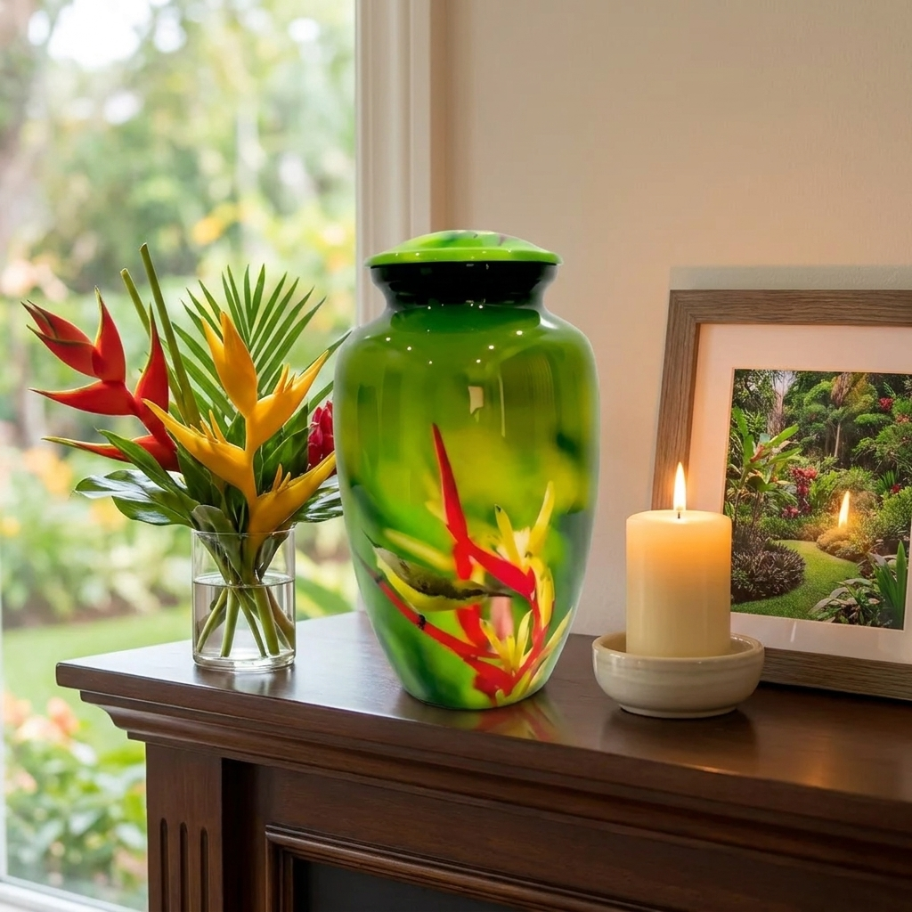 Adult Cremation Urn Hummingbird & Red Floral Design Gloss Green Aluminum Finish (Product Code NUHBRP)