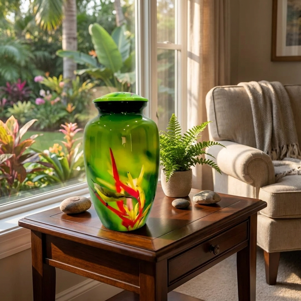 Adult Cremation Urn Hummingbird & Red Floral Design Gloss Green Aluminum Finish (Product Code NUHBRP)