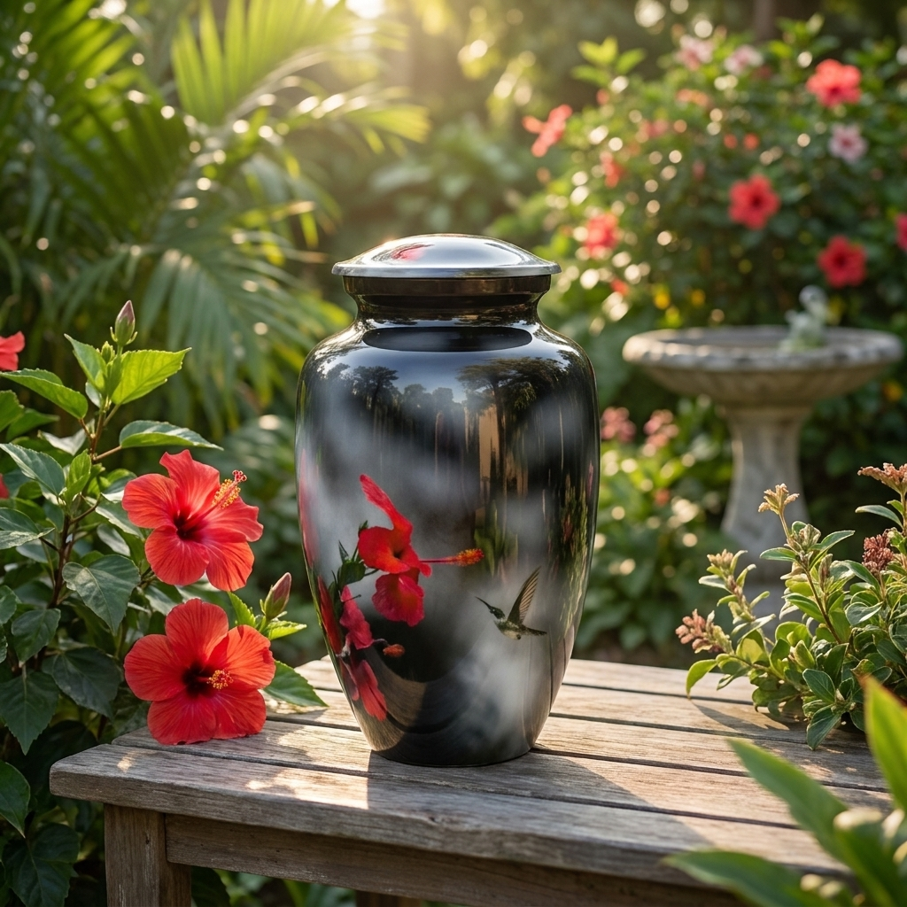 Adult Cremation Urn Hummingbird & Red Flower on Dark Gloss Finish (Product Code: NURFHB)
