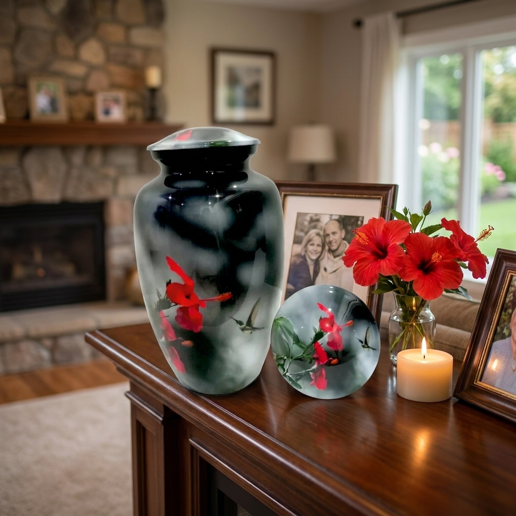 Adult Cremation Urn Hummingbird & Red Flower on Dark Gloss Finish (Product Code: NURFHB)