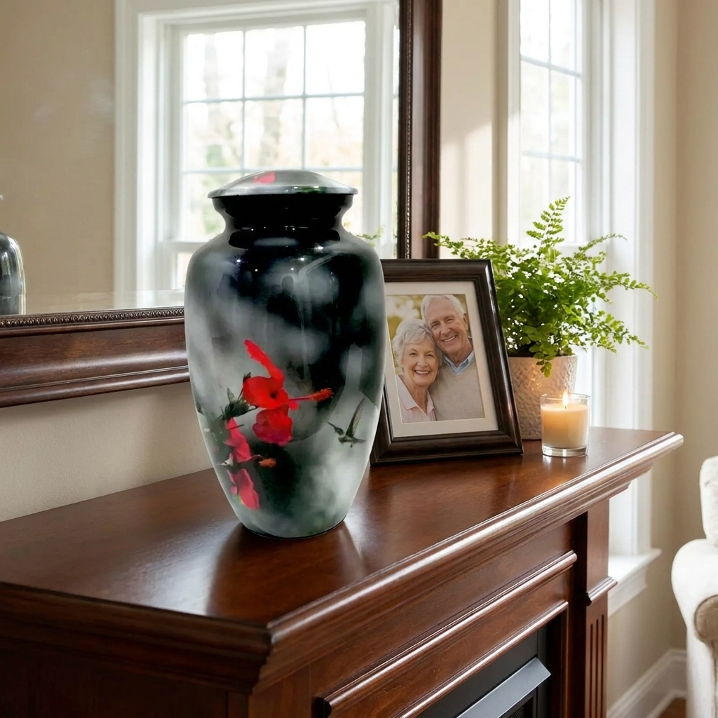 Adult Cremation Urn Hummingbird & Red Flower on Dark Gloss Finish (Product Code: NURFHB)