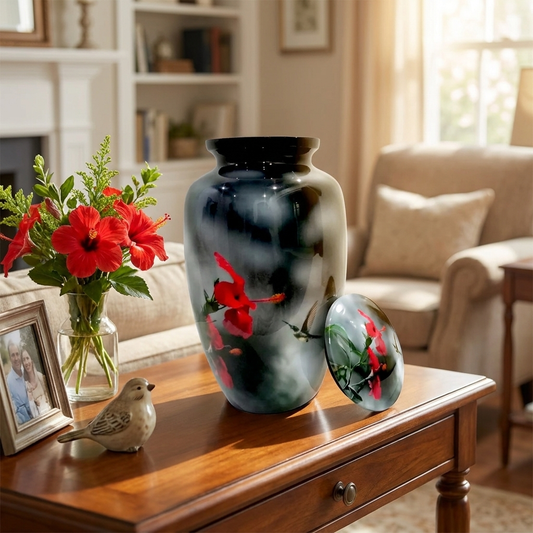 Adult Cremation Urn Hummingbird & Red Flower on Dark Gloss Finish (Product Code: NURFHB)