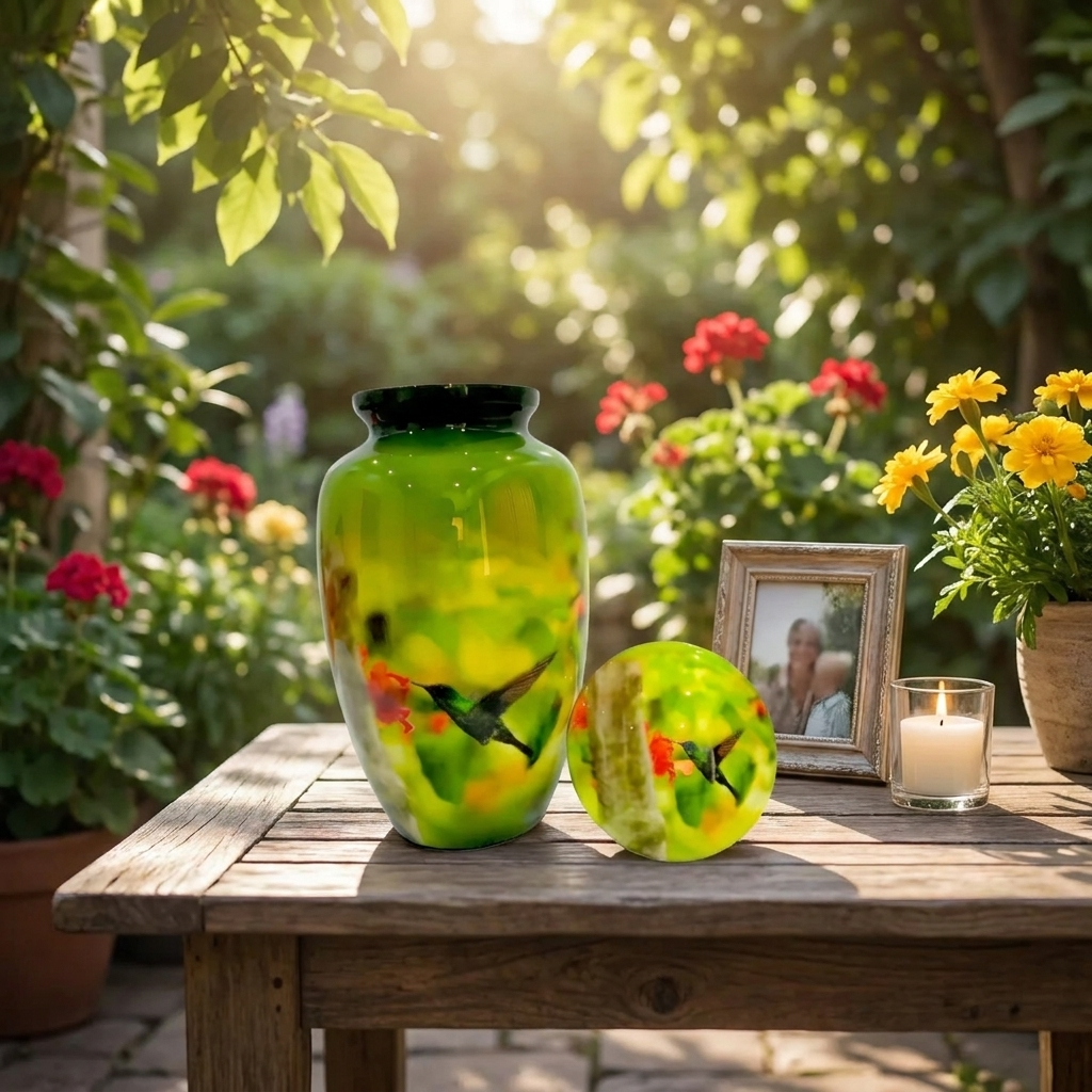 Adult Cremation Urn Hummingbird on Red Flowers in Gloss Green Finish (Product Code: NUPBT)