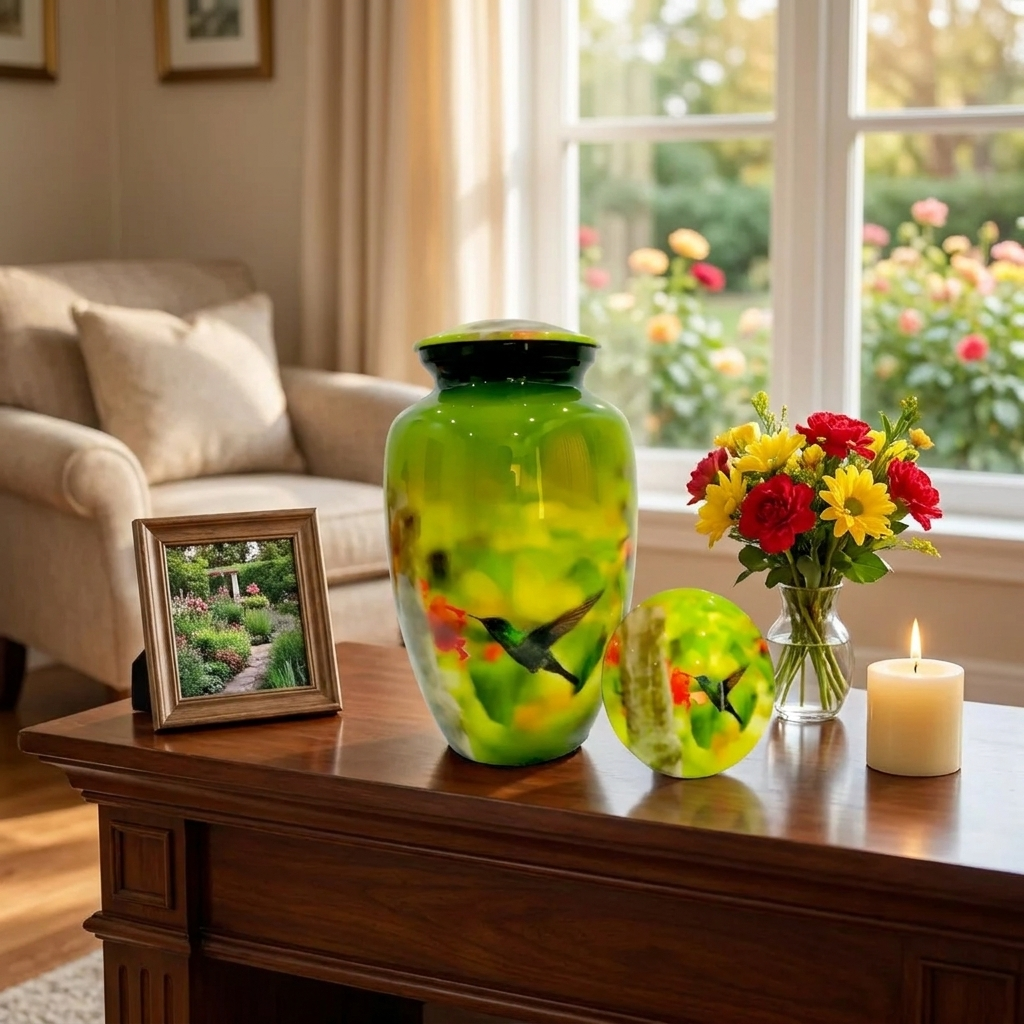Adult Cremation Urn Hummingbird on Red Flowers in Gloss Green Finish (Product Code: NUPBT)